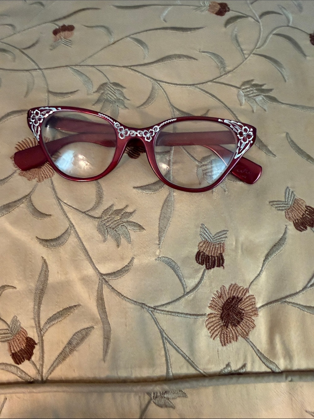 Tura Vintage-Inspired Women's Cat Eye Glasses in Deep Red with White Floral Trim